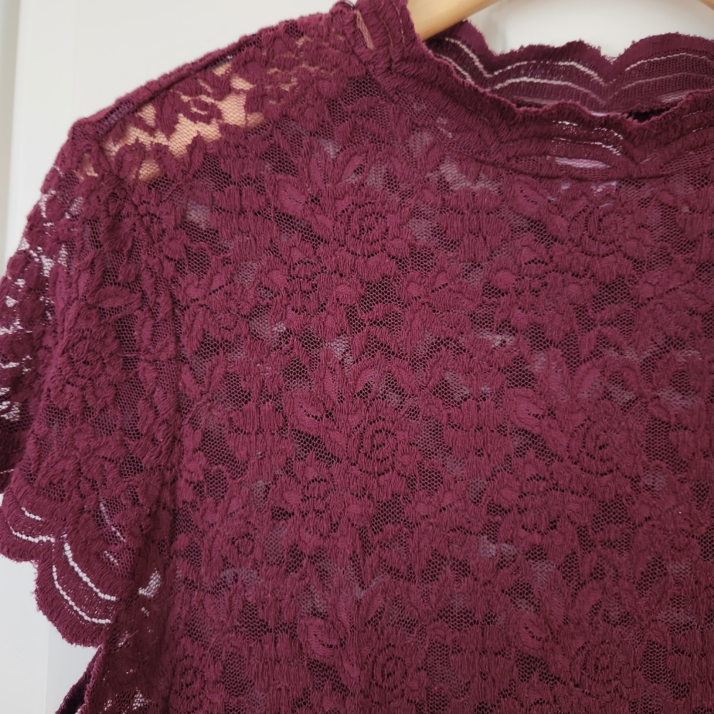 Lace Sheer Top Stretchy Whimsigoth Short Sleeve Maroon Burgundy Oxblood Pretty - Picture 5 of 14